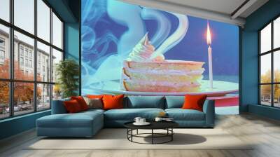   A lit cake sits atop a plate, accompanied by two lit candles Wall mural