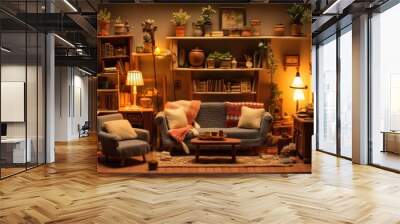  a model of a living room with a couch and two chairs and a coffee table in front of a bookshelf. Wall mural