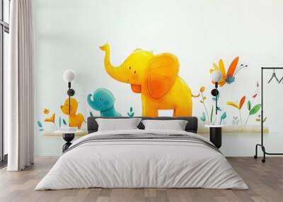   A painting captures an elephant & 2 babies amidst grass, flowers & a butterfly Wall mural