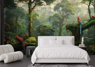  a painting of a jungle with parrots and other birds.  generative ai Wall mural