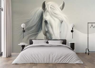  a painting of a white horse with long manes and a brown spot on the face of the horse's head.  generative ai Wall mural