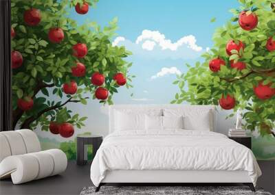  a painting of an apple tree in a field with a blue sky in the background.  generative ai Wall mural