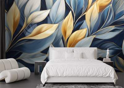  a painting of blue and yellow leaves on a black background with white and yellow leaves on the left side of the painting.  generative ai Wall mural