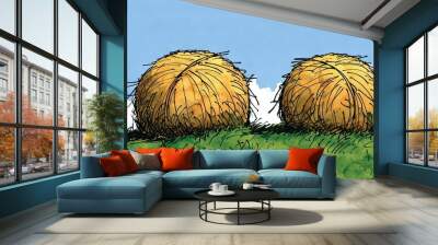   A painting of two bales of hay resting atop a lush green hill with a clear blue sky overhead Wall mural