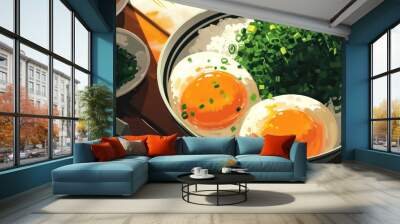  a painting of two eggs and rice in a bowl on a table with chopsticks and chopsticks next to a bowl of rice and chopsticks. Wall mural