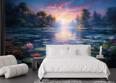  a painting of water lilies and a sunset over a lake with lily pads in the foreground and trees in the background, with a bright sun setting in the distance.  generative ai Wall mural