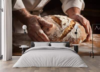  a person holding a loaf of bread on top of a wooden table.  generative ai Wall mural