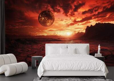  A photo of a planet surrounded by sand dunes with a distant sun and towering mountains in the background Wall mural