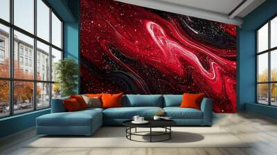   A photo of a red and black background with white and black swirls and dots below the image Wall mural