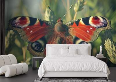   A photo of a red and black butterfly resting on a green leaf against a blue sky background Wall mural