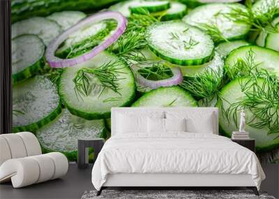   A photo of a wooden table with sliced cucumbers and onions arranged neatly Dill rests beside them, ready for use in a fresh salad Wall mural