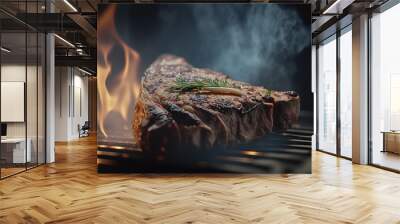  a piece of steak on a grill with flames in the background.  generative ai Wall mural