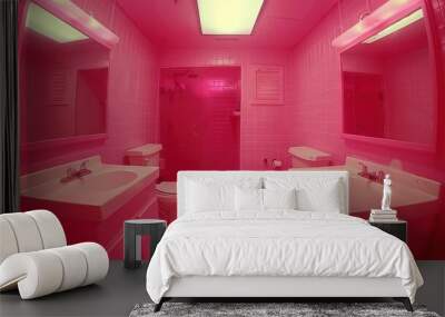   A pink bathroom with two sinks, a toilet, a shower, and a toilet paper roll on the floor and a rug Wall mural