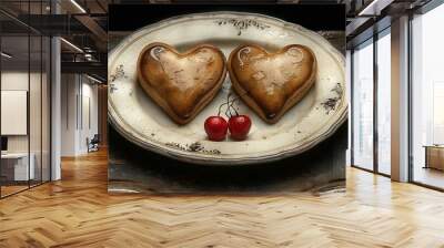   A plate featuring two heart-shaped pastries topped with cherries, and accompanied by a fork and knife Wall mural