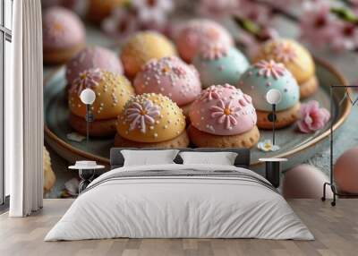  a plate of decorated cookies sitting on top of a table next to pink and blue eggs and pink and white flowers. Wall mural