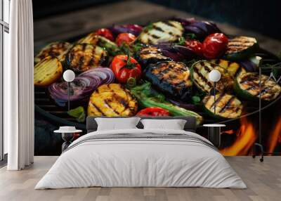  a plate of grilled vegetables sitting on top of a bbq with a fire in the backround. Wall mural