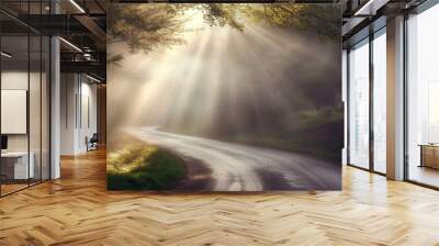  a road in the middle of a forest with sunbeams shining through the trees on the other side of the road is a winding road with trees on both sides. Wall mural