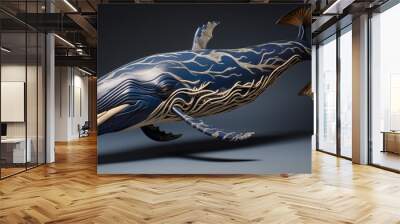  a sculpture of a humpback whale in blue and white, with a gold fin and tail, on a black background.  generative ai Wall mural