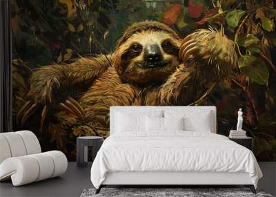   A sloth dangles from a tree branch in a lush green-yellow forest Wall mural