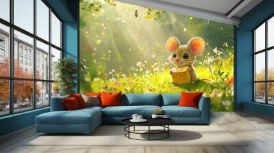   A small mouse nibbling on a slice of bread amidst tall trees Wall mural