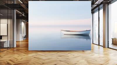  a small white boat floating on top of a large body of water with a blue sky in the back ground. Wall mural