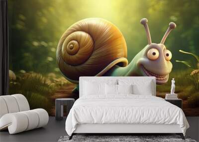  a snail with a smile on its face is sitting on a dirt road.  generative ai Wall mural