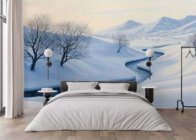   A snowy landscape painting with a stream dividing two rows of trees Wall mural