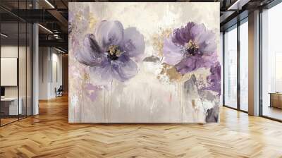   A stunning artwork of purple blossoms against a creamy backdrop, adorned with gold leaf accents on the right Wall mural