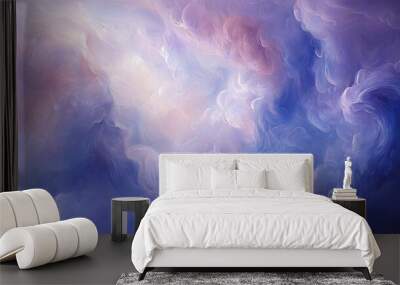   A stunning depiction of a blue and purple sky, dotted with fluffy clouds, and two majestic clouds - one white in the center and another blue-white blend Wall mural