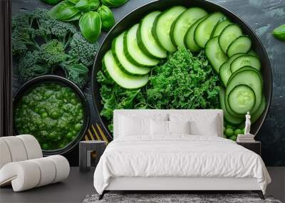   A table displays a bowl of peas, broccoli, and sliced cucumbers Wall mural