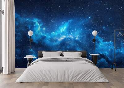  a view of the night sky with stars and a bright blue star cluster in the middle of the image and a black background. Wall mural