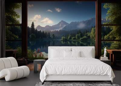  a window view of a mountain lake and forest with a bench.  generative ai Wall mural