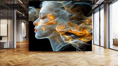   A woman's face is depicted with smoke rising from both the top and bottom Wall mural