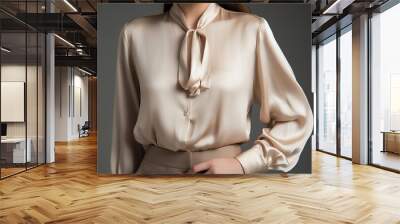  a woman wearing a beige blouse and a tie around her neck.  generative ai Wall mural