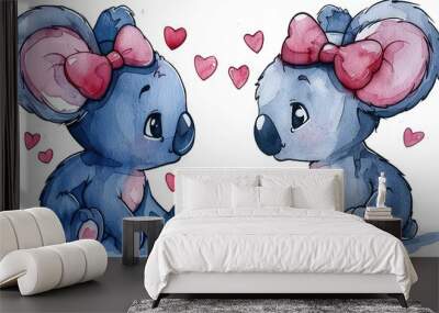   An adorable watercolor illustration of two baby elephants - one with a pink bow - charmingly posing together Wall mural