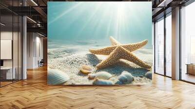   An image of a starfish lying on a sandy beach beneath a clear blue sky, illuminated by the bright sun above the shimmering ocean floor Wall mural