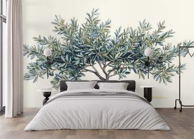   An olive tree with green leaves painted in watercolors against a white canvas backdrop Wall mural