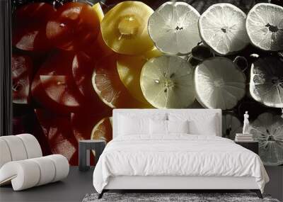   Arranged in a rainbow of reds, yellows, and whites, the slices of lemons and watermelons gleam brightly Wall mural