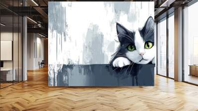   Black & white cat with green eyes peeks from gray & white wall Wall mural