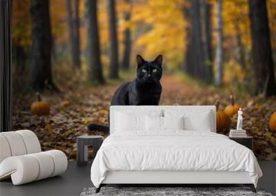  Black cat in autumn forest with pumpkin Wall mural