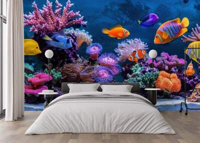   Blue background, lots of colorful corals and sea anemones fill fish tank Wall mural