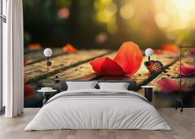   Butterfly perched on red flowers on wooden tables Wall mural