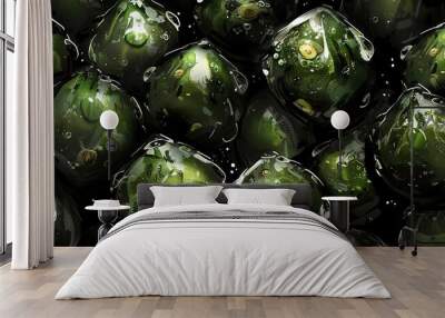   Close-up of juicy green fruits with water droplets on top and bottom Wall mural