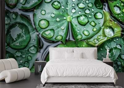   Close-up of water droplets on green leaves, with a red flower in the center and two green leaves framing it Wall mural