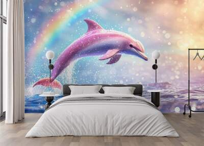   Dolphin jumping out water with two rainbows Wall mural