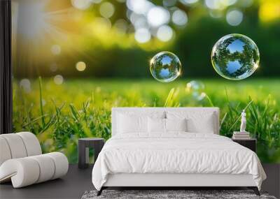   Green grass covered field beneath two floating bubbles, bright sun shining through the tree-dotted backdrop Wall mural