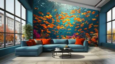   Orange fish swim over coral reef in blue ocean under sunlight Wall mural