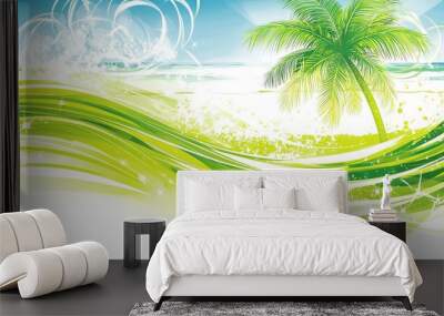   Palm tree perched beside green-white wave on sunny day at beach Wall mural