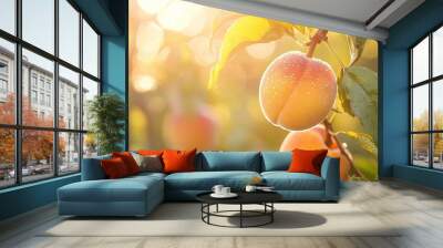  Peach on tree branch with water droplets and sunshine Wall mural