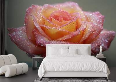   Pink close-up of a rose with water droplets and a green leaf in foreground Wall mural